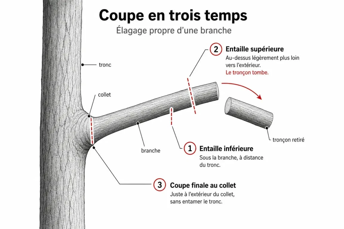 Schéma explicatif de la coupe en trois temps pour la taille des tilleuls