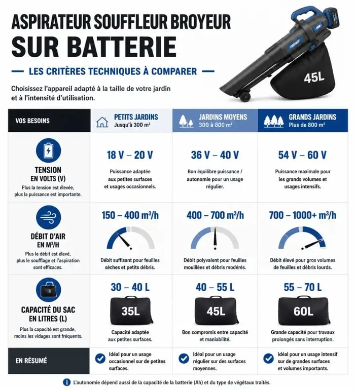 Infographie comparative des critères techniques pour choisir le meilleur aspirateur souffleur broyeur sur batterie
