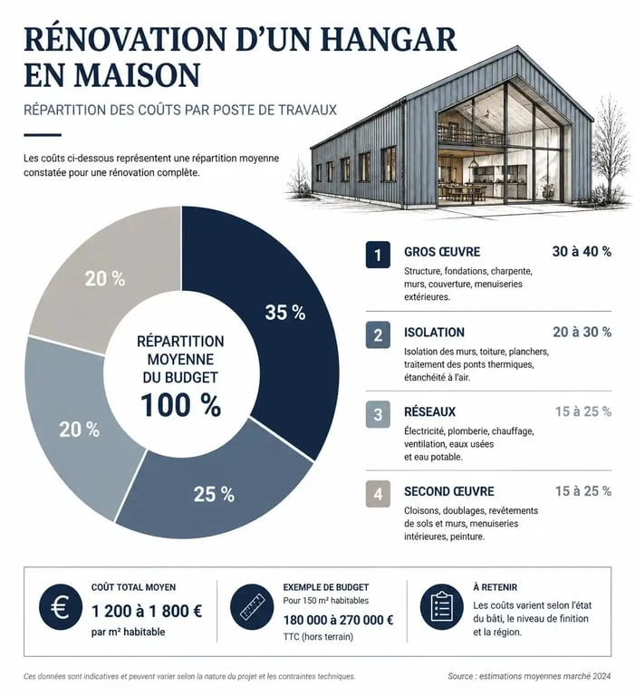 Répartition budgétaire pour transformer un hangar aménagé en maison