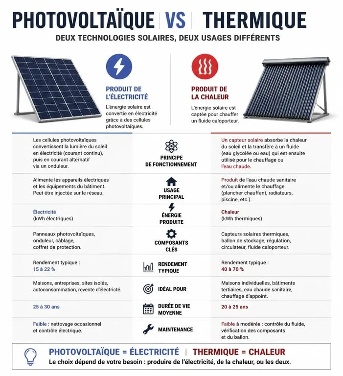 Infographie comparative entre panneau solaire photovoltaïque et thermique pour comprendre à quoi sert un panneau solaire