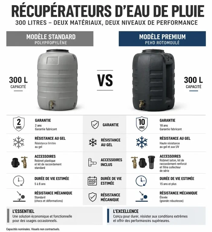 Comparatif technique des récupérateurs d'eau de pluie 300l standard et premium