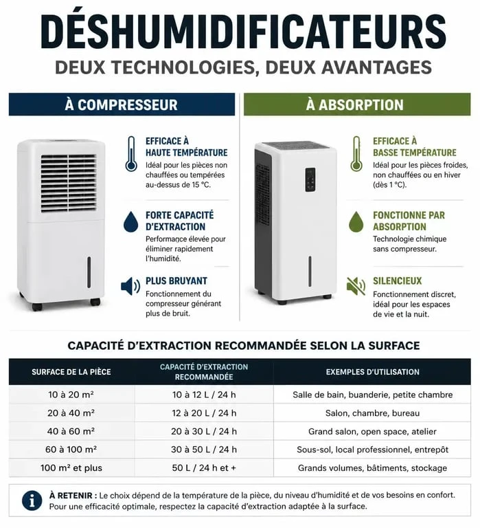 Infographie comparative des technologies de déshumidificateurs pour choisir le meilleur modèle selon vos besoins