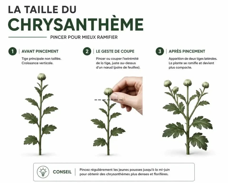 Schéma illustrant les étapes de la taille et du pincement du chrysanthème pour une floraison dense