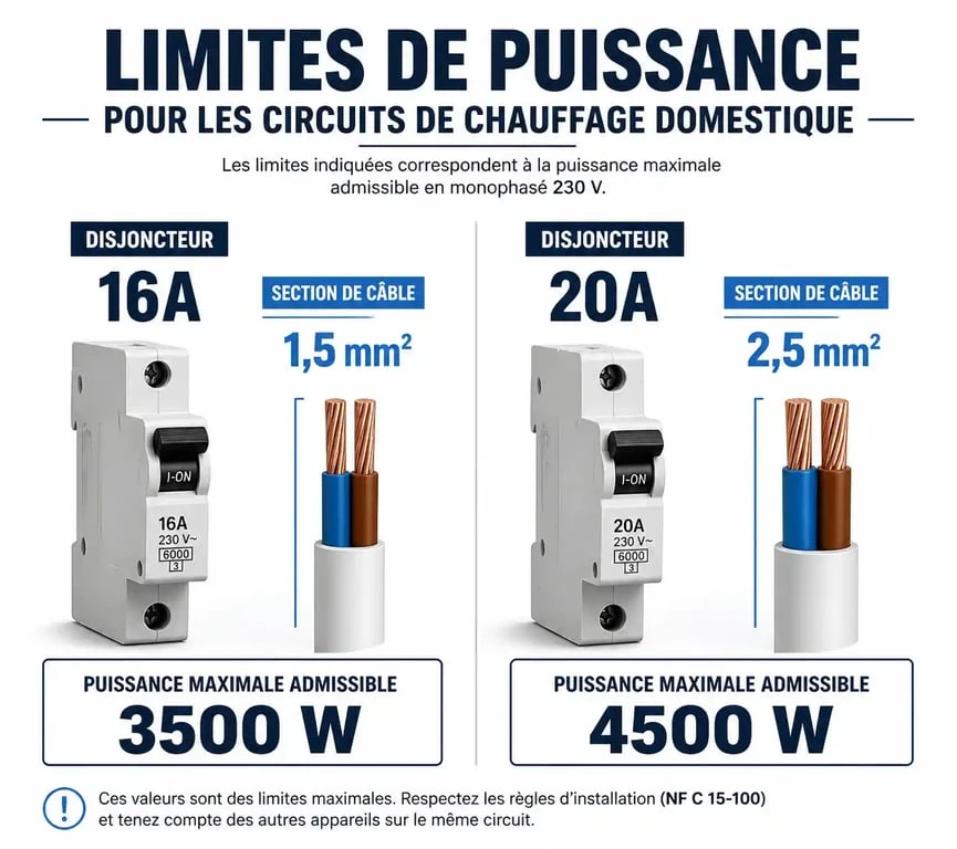 Tableau récapitulatif des puissances maximales par disjoncteur pour radiateurs électriques