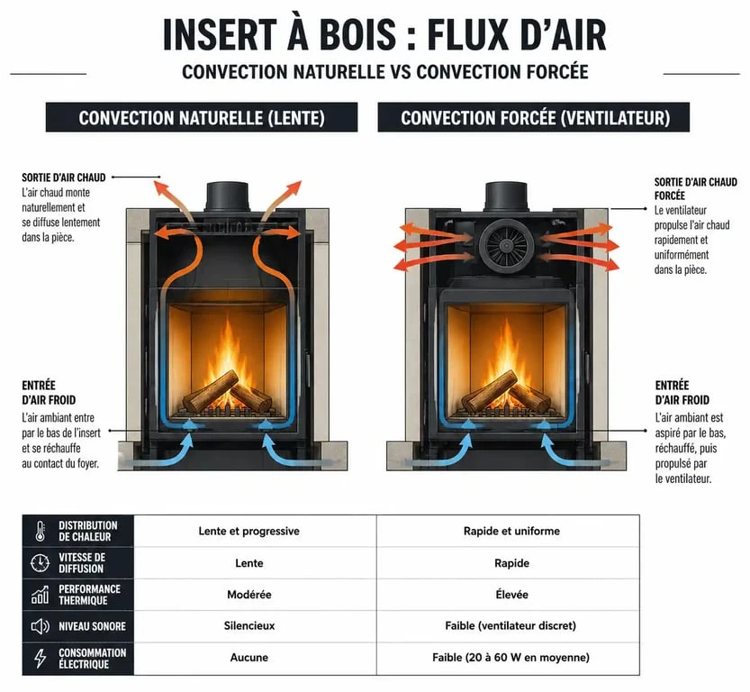 Schéma comparatif du fonctionnement d'un insert avec ventilateur et convection naturelle