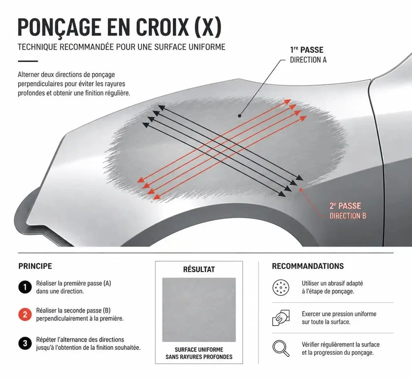 Schéma technique illustrant la technique de ponçage en croix avec une cale à poncer carrosserie pour un résultat uniforme.