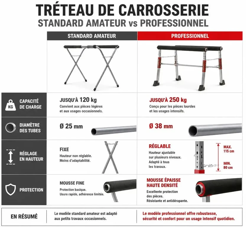 Comparatif des caractéristiques techniques entre un tréteau de carrosserie amateur et professionnel pour atelier automobile.