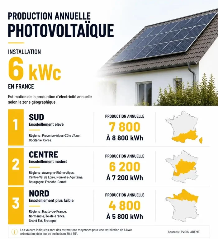 Rendement d'une installation de panneaux solaires de 6 kW par zone géographique en France