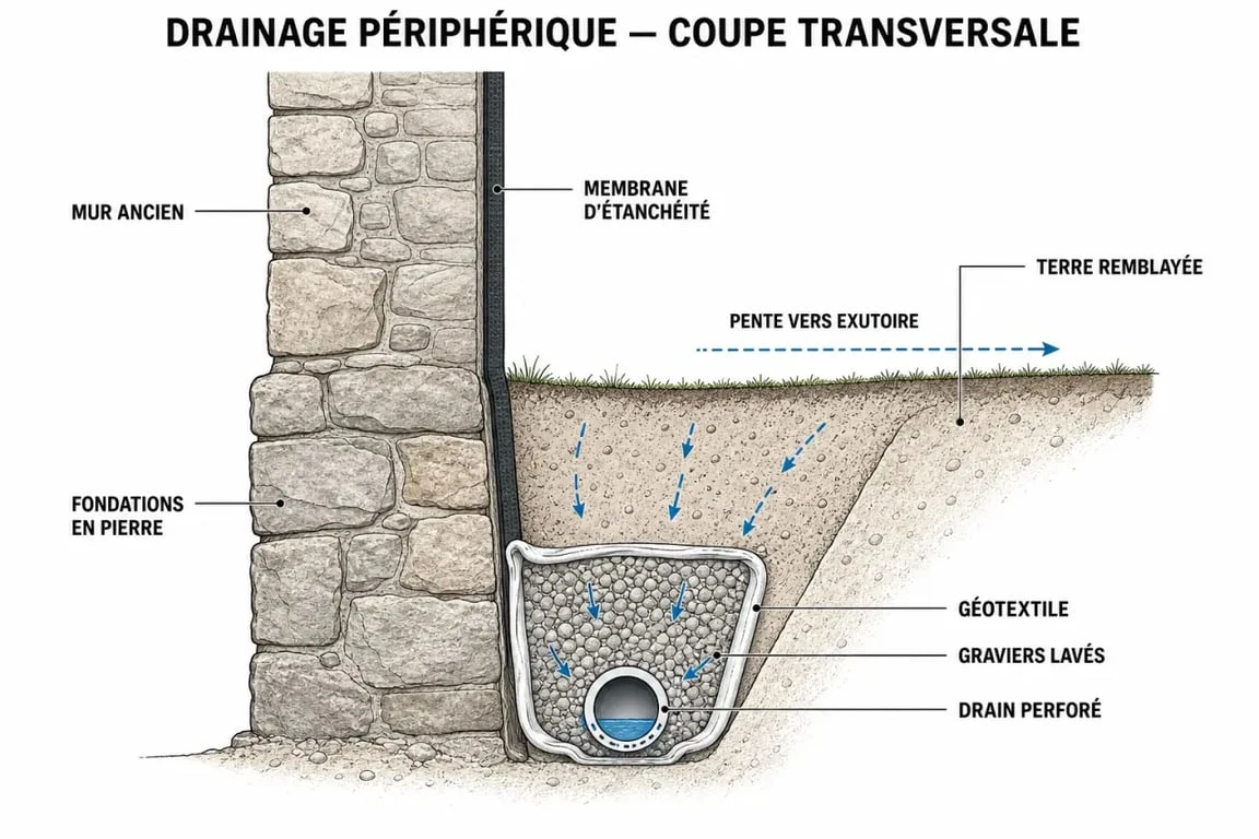 Schéma technique d'un système de drainage périphérique pour maison ancienne pour estimer le prix des travaux