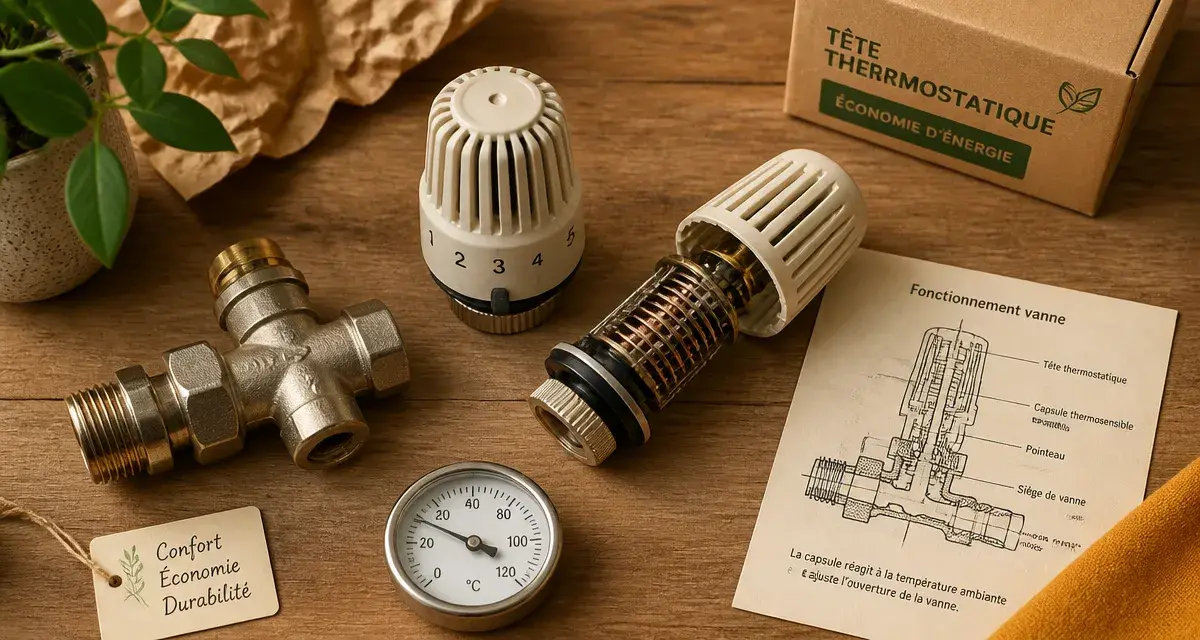 Fonctionnement vanne thermostatique : tête et capsule numérotée sur radiateur