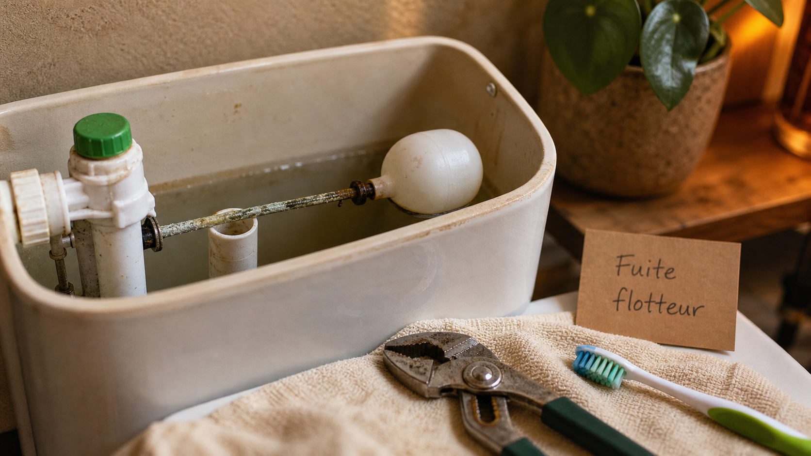 Fuite flotteur WC : réservoir ouvert et flotteur à réparer