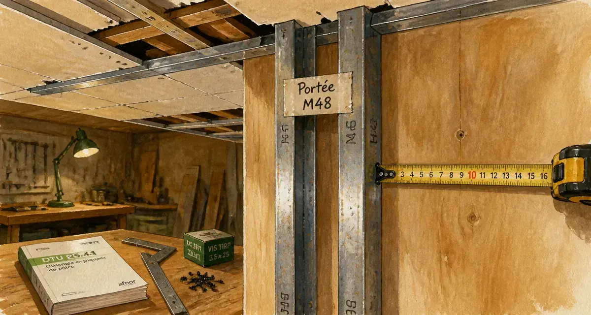 Portée maximum plafond autoportant M48 : rails et montants M48 en atelier