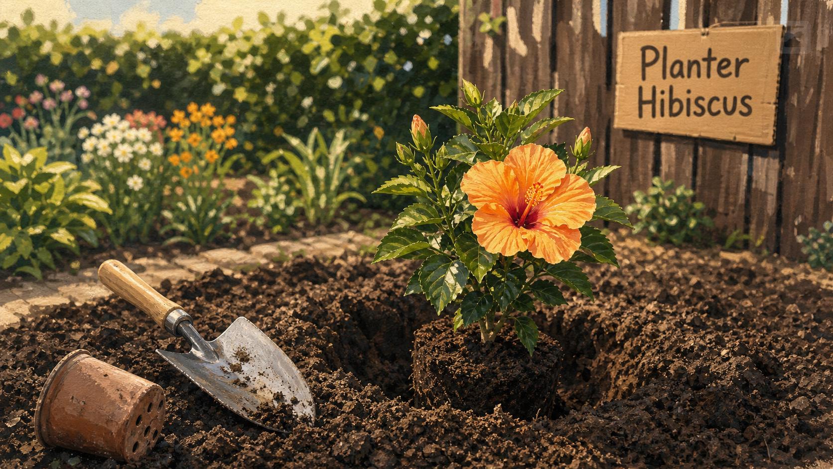 Quand planter un hibiscus en pleine terre : motte d’hibiscus plantée au jardin