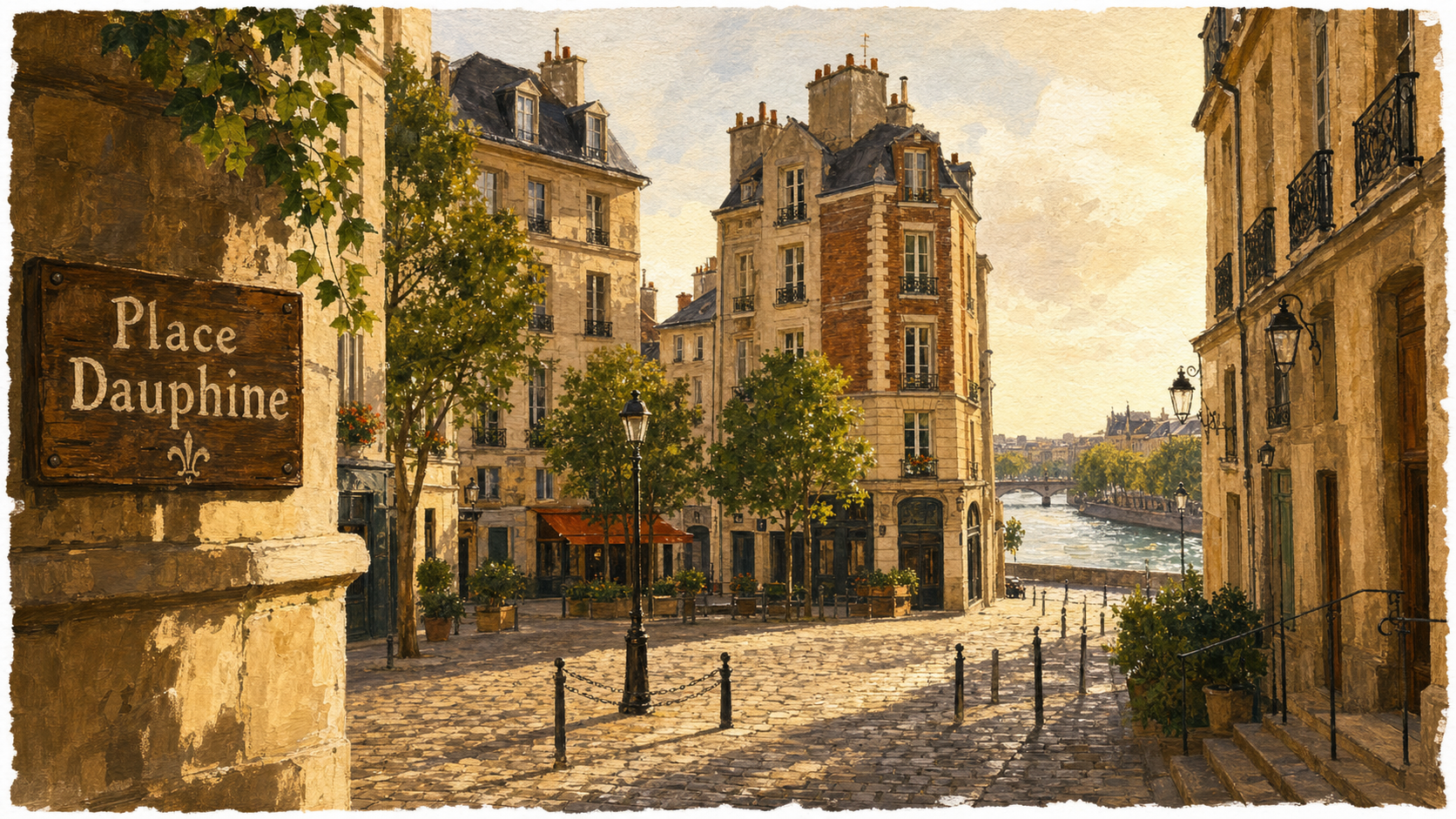 Place Dauphine, quartier le plus cher de Paris, vue sur la Seine