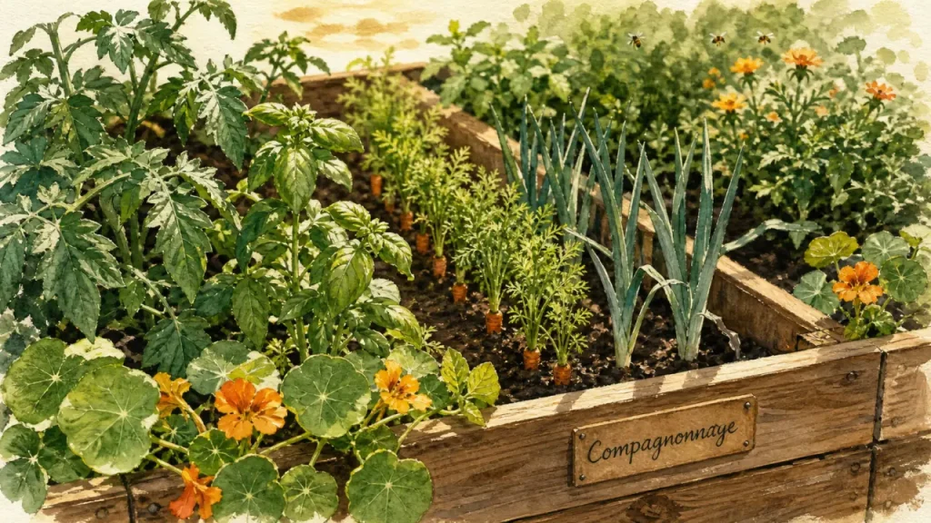 Association de plantes au potager en planches surélevées, compagnonnage.