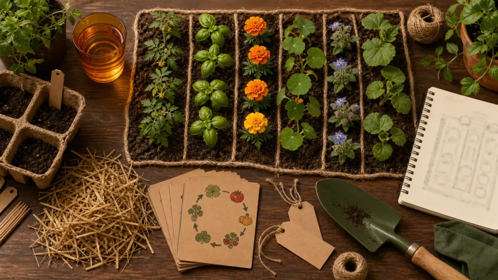 Association de plantes au potager : tomate, basilic, haricot et oignon au potager