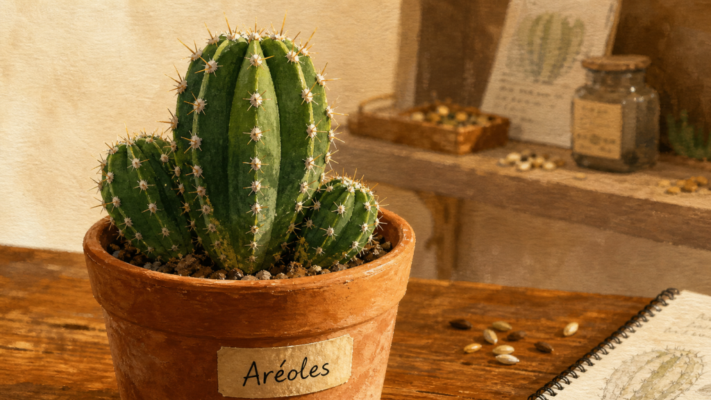 Cactaceae : aréoles d’un cactus avec épines visibles