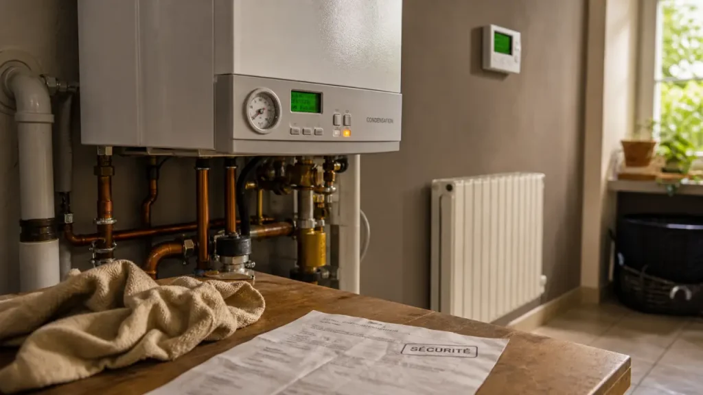 Chauffage maison gaz : chaudière gaz sûre dans une buanderie lumineuse