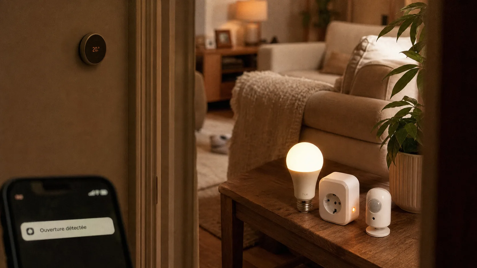 Domotique exemple : ampoule connectée, prise et détecteur, thermostat et smartphone