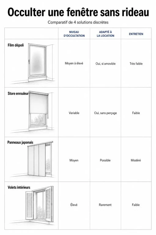 Infographie comparative des solutions pour occulter une fenêtre sans rideau : film, store, panneau et volet