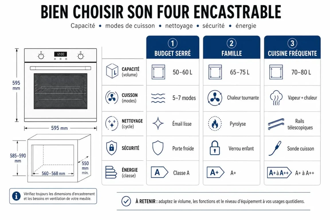 Four encastrable meilleur rapport qualité/prix : visuel comparatif des critères de choix et des profils d’usage