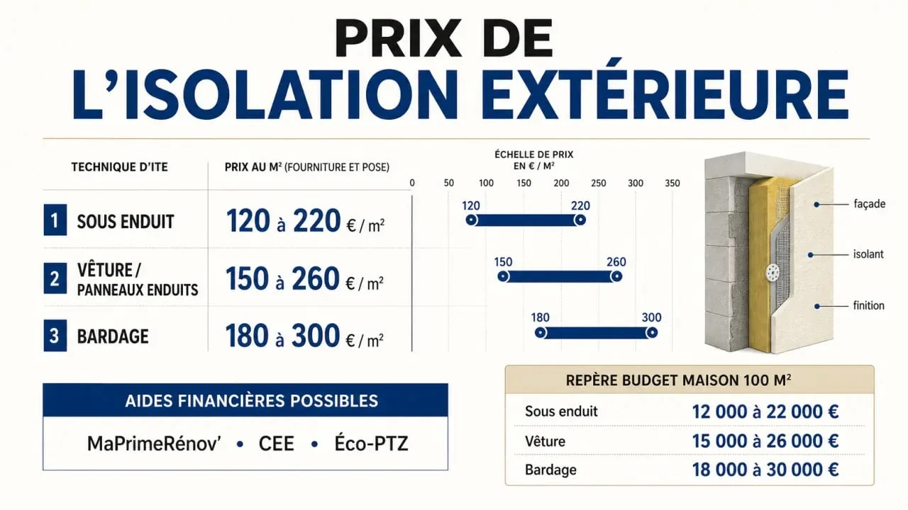 Tarif isolation exterieur : comparaison visuelle des prix au m² selon la technique et budget indicatif