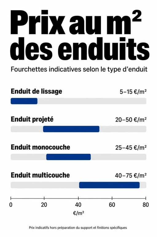 Infographie des prix moyens au m2 pour différents types d'enduits de façade et intérieur