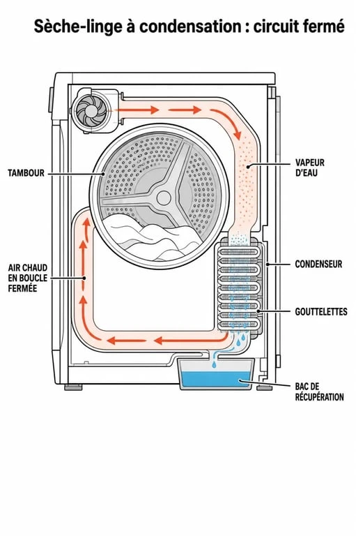 Sèche-linge condensation c'est quoi : schéma simplifié du fonctionnement interne avec tambour, air chaud, condenseur et bac de récupération