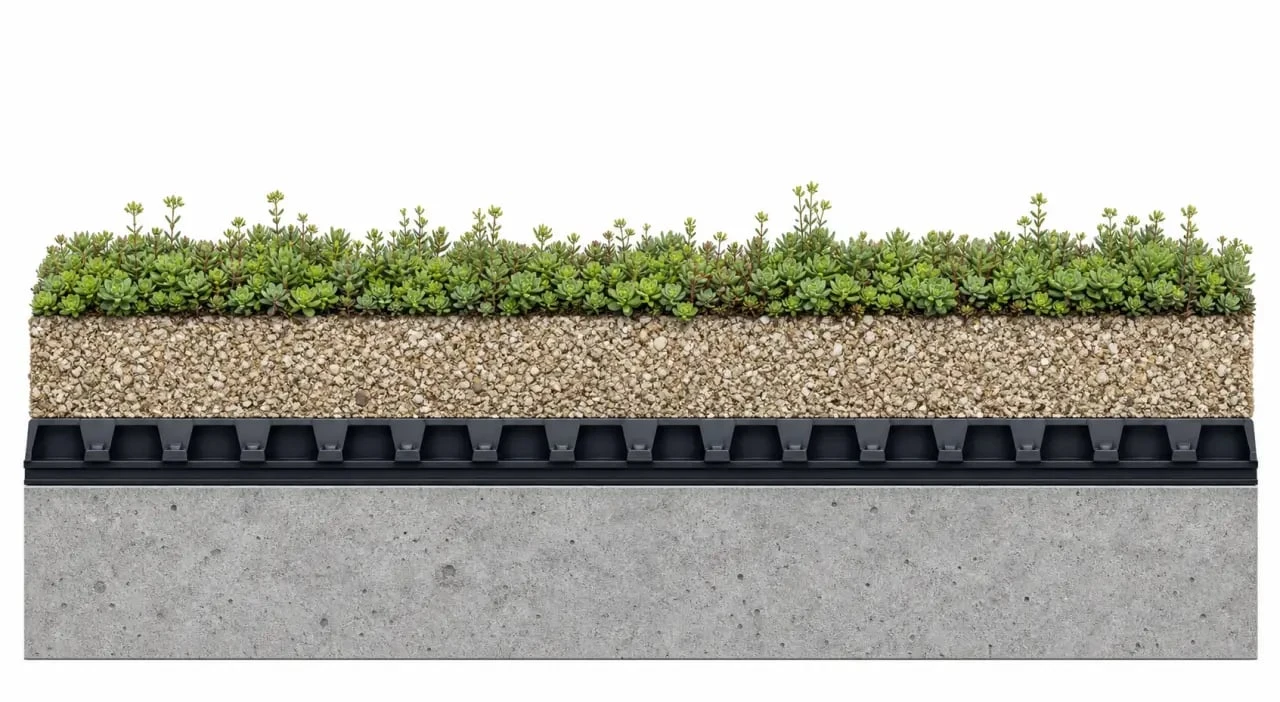 Toiture végétalisée sedum en coupe simplifiée avec les couches techniques visibles
