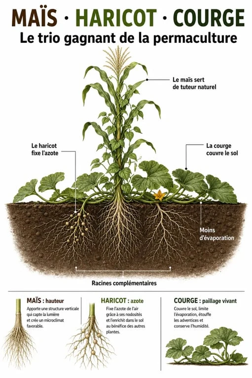 Infographie illustrant l'association de plantes au potager : le trio maïs, haricot et courge pour une culture naturelle.
