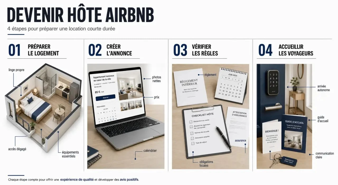 Illustration devenir hote airbnb montrant les étapes clés pour préparer un logement, publier une annonce et accueillir des voyageurs