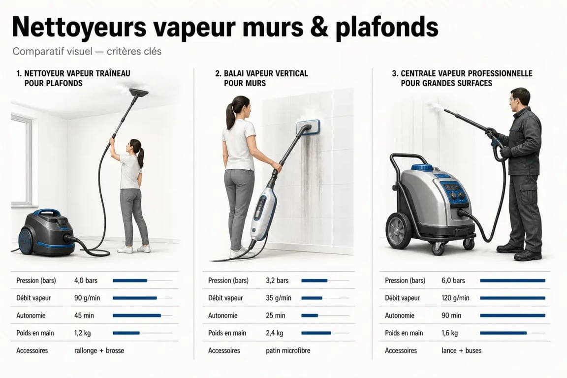 Meilleur nettoyeur vapeur pour murs et plafonds : comparatif visuel des types d’appareils et critères de choix