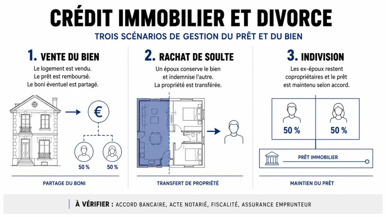 Infographie des options de gestion d'un crédit immobilier en cas de divorce et crédit immobilier en cours