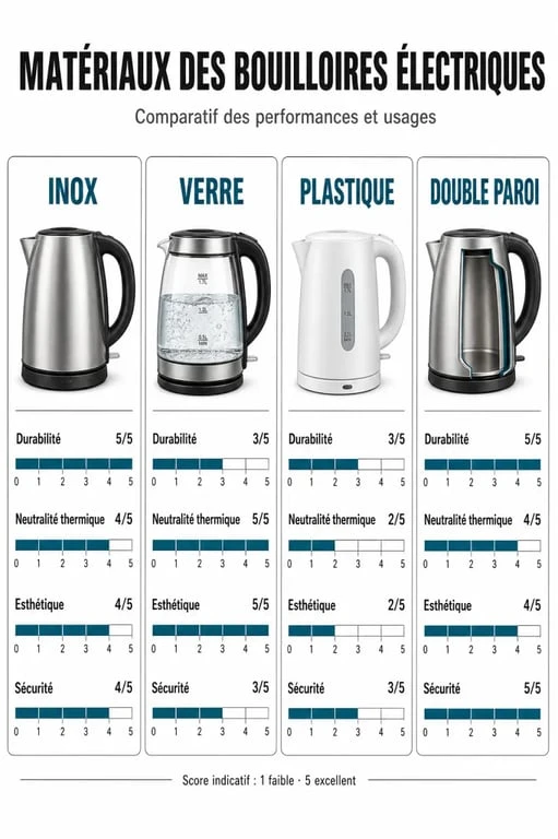 Comparatif des matériaux pour choisir la meilleure bouilloire électrique : inox, verre, plastique et double paroi