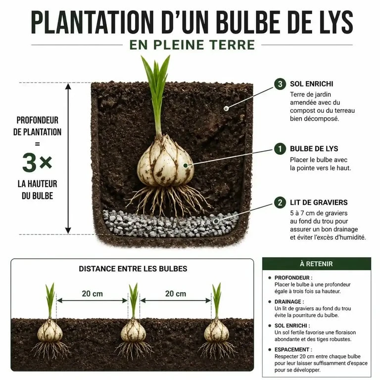 Schéma explicatif de la plantation des lys en pleine terre : profondeur et drainage