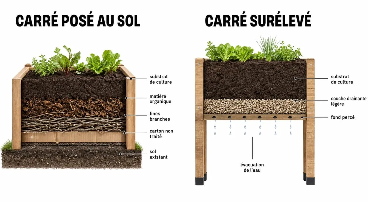 Que mettre au fond d'un carré potager : illustration des couches et matériaux recommandés selon le type de bac