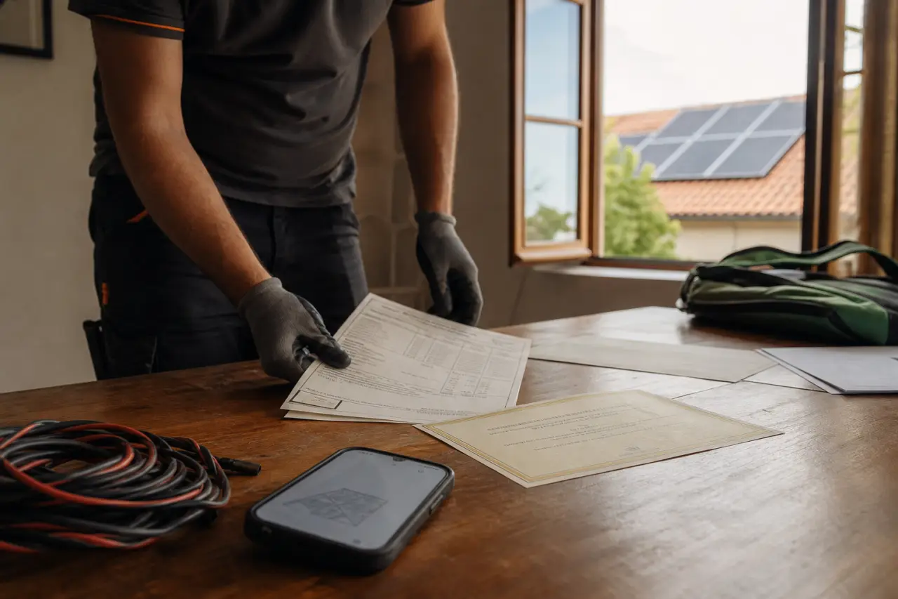 Installateur pr&eacute;sentant un devis et une attestation de qualification devant une toiture &eacute;quip&eacute;e de panneaux solaires