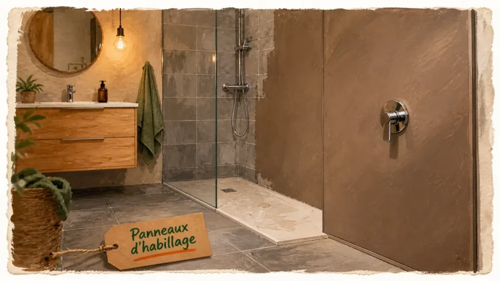 Panneaux d'habillage pour rénover sa salle de bains pas cher, panneau étanche près de la douche