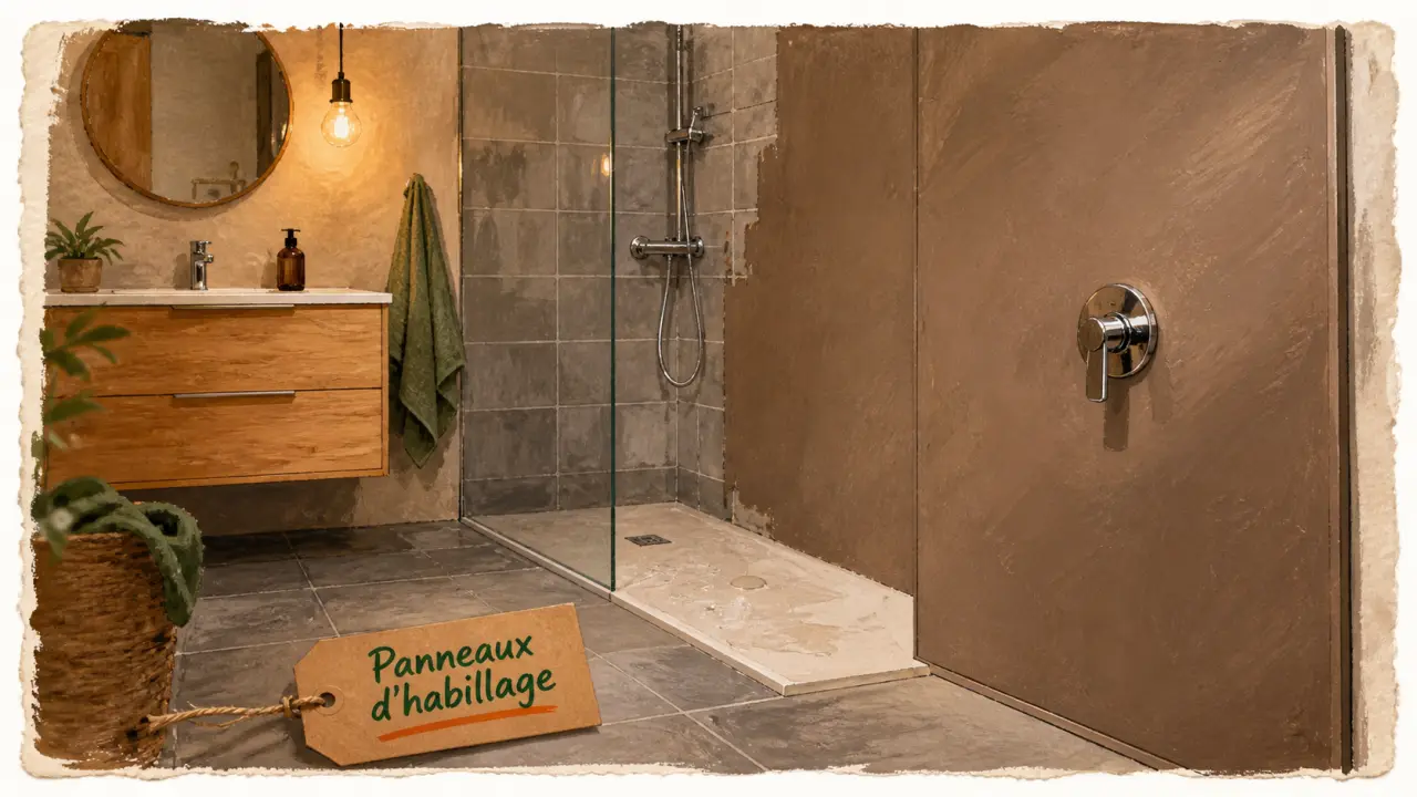 Panneaux d'habillage pour rénover sa salle de bains pas cher, panneau étanche près de la douche