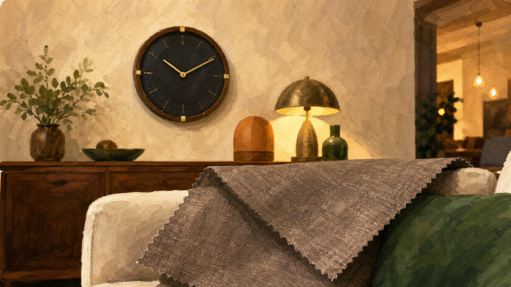 Pendule murale vintage noire sur mur beige dans un salon cosy