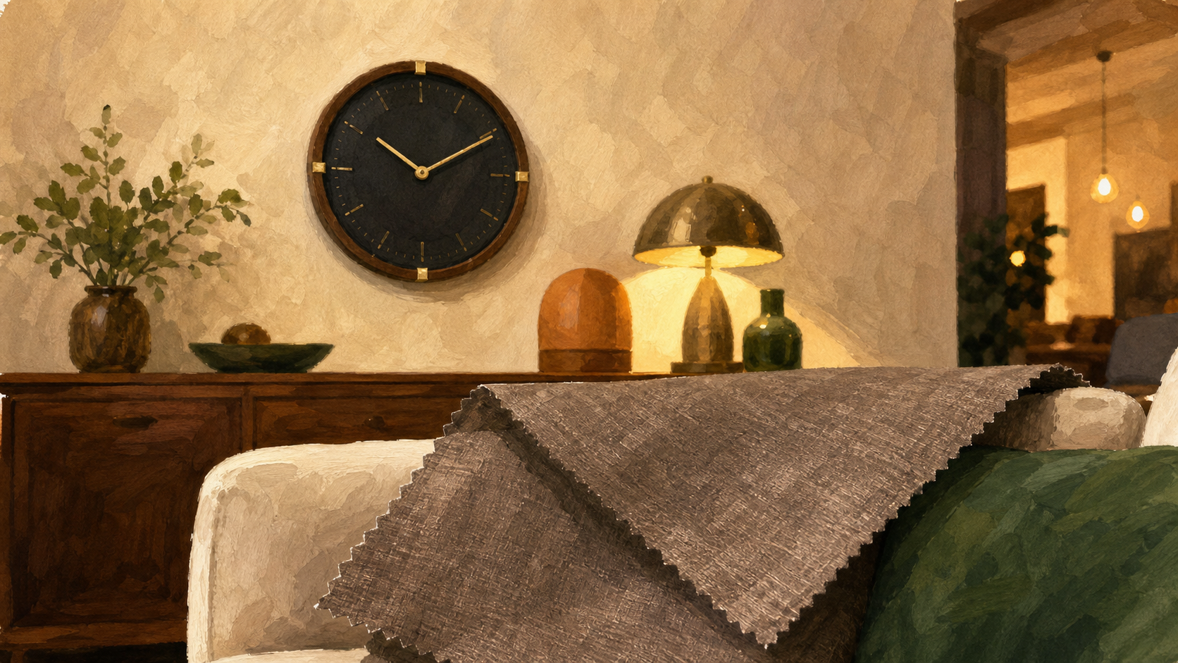 Pendule murale vintage noire sur mur beige dans un salon cosy