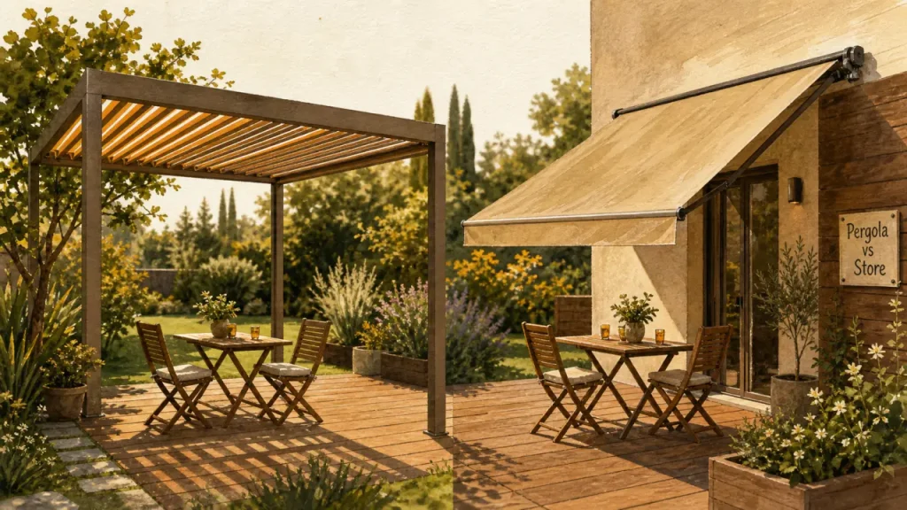 Pergola ou store banne : comparaison pour vent, plein sud et budget