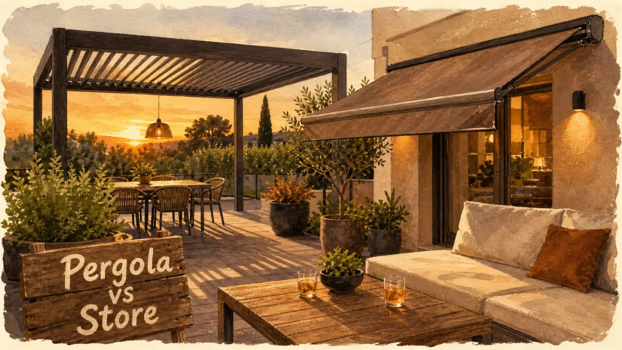 Terrasse plein sud ombrag&eacute;e par une pergola bioclimatique et un store banne