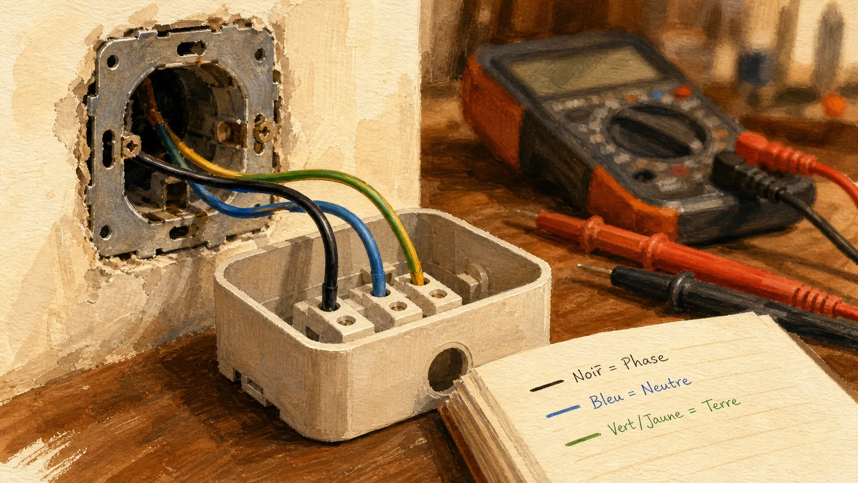 Phase neutre et terre : couleurs et mesures sur boîtier électrique