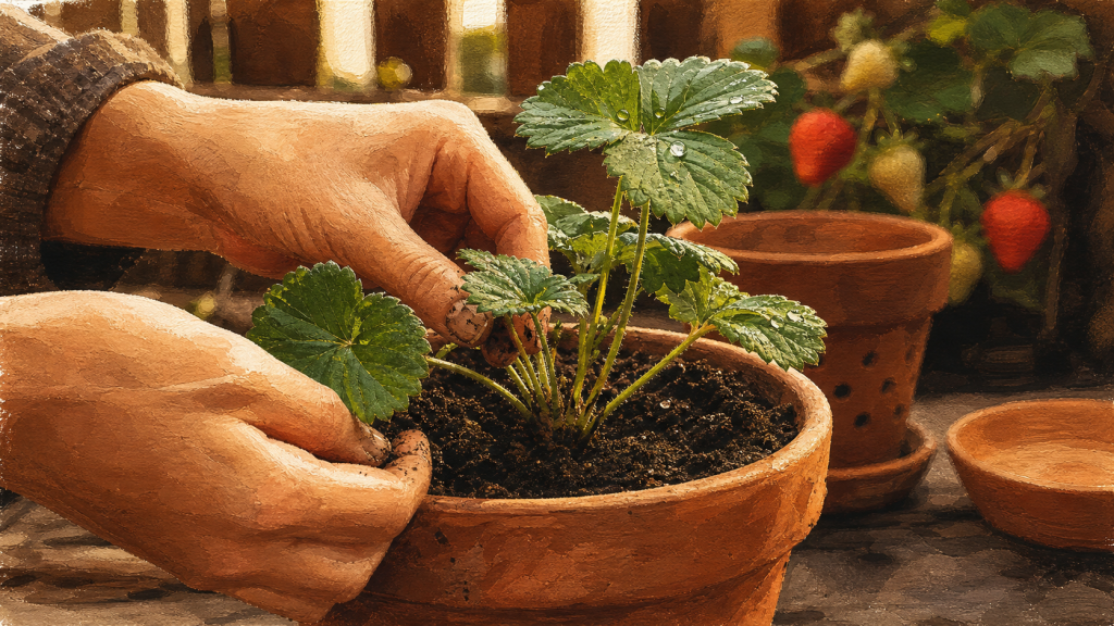 Plantation fraisier en hauteur : collet juste au ras, mains en jardinière