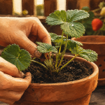 Plantation fraisier en hauteur : collet juste au ras, mains en jardinière