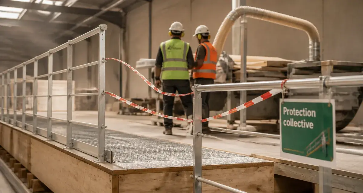 Protection collective : garde-corps et aspiration à la source sur chantier