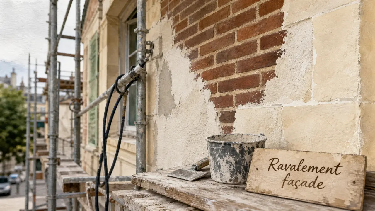 Ravalement de façade Rennes : façade décapée avec échafaudage et enduit