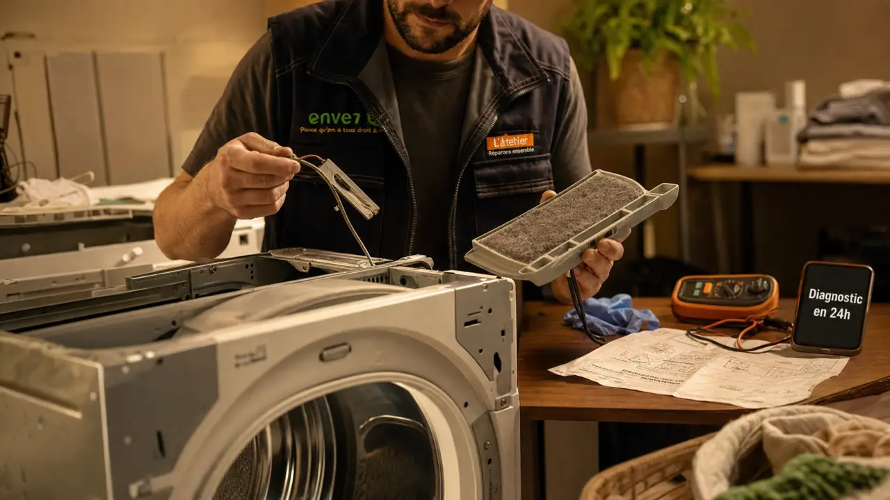 Réparation sèche-linge à domicile en 24h, technicien sur sèche-linge démonté