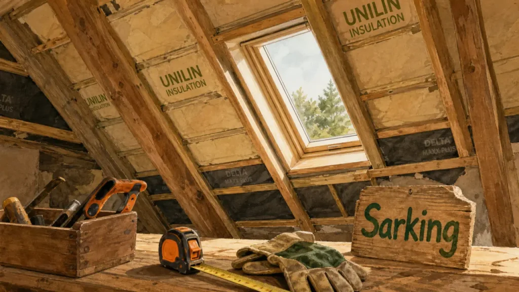 Chantier sarking toiture : isolation continue en combles, charpente et panneaux isolants